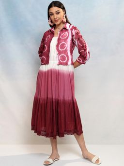 VISHUDH - Women Maroon Tie & Dye Midi Dress with Jacket (Set of 2)