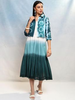VISHUDH - Women Teal Tie & Dye Midi Dress with Jacket (Set of 2)