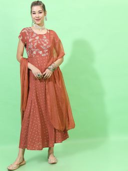 VISHUDH - Women Rust Floral Midi Dress with Dupatta (Set of 2)