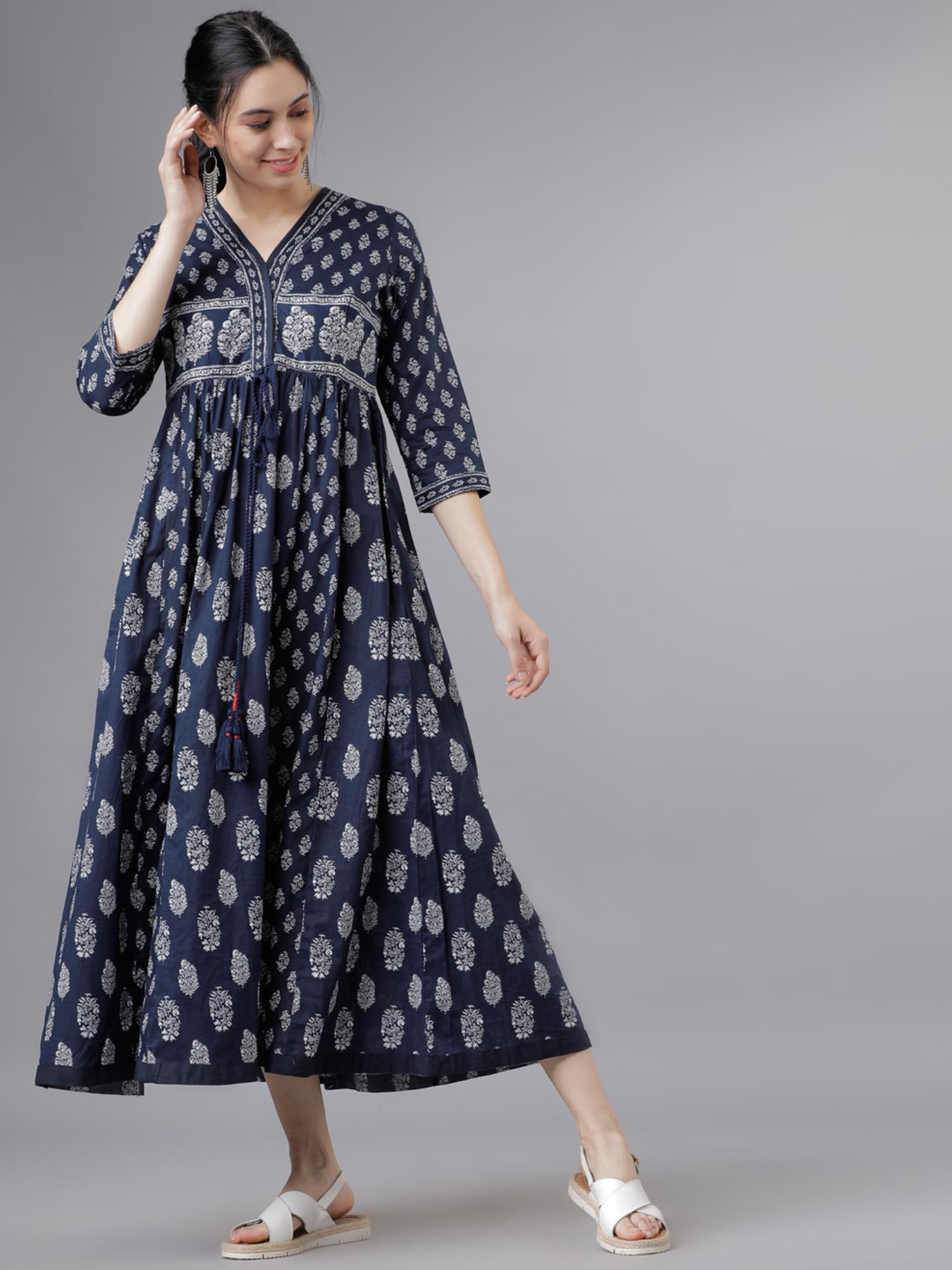 vishudh Women Navy Blue Floral Midi Dress-picture-10
