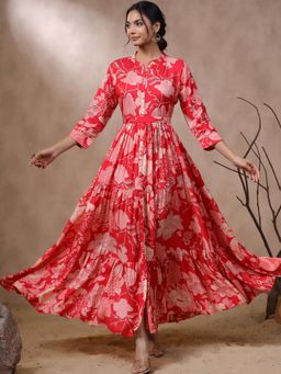 VISHUDH - Women Red Floral Maxi Dress with Belt (Set of 2)