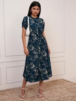 VISHUDH - Women Teal Floral Midi Dress