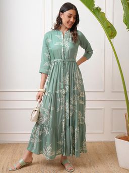 VISHUDH - Women Green Floral Maxi Dress with Belt (Set of 2)