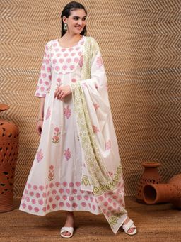 VISHUDH - Women Pink Floral Maxi Dress with Dupatta (Set of 2)