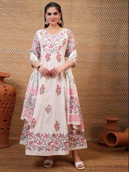 VISHUDH - Women Pink Floral Maxi Dress with Dupatta (Set of 2)