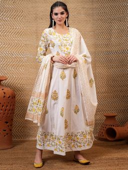 VISHUDH - Women Yellow Floral Maxi Dress with Dupatta (Set of 2)