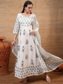 VISHUDH - Women Green Floral Maxi Dress with Dupatta (Set of 2)