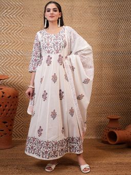 VISHUDH - Women Multi-Color Floral Maxi Dress with Dupatta (Set of 2)