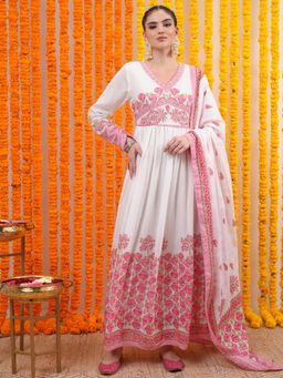 VISHUDH - Women Pink Floral Maxi Dress with Dupatta (Set of 2)