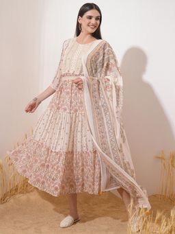 VISHUDH - Women Beige Embroidered Midi Dress with Dupatta and Belt (Set of 3)