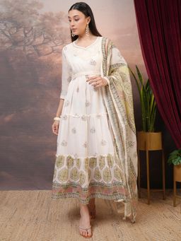 VISHUDH - Women Green Embroidered Midi Dress with Dupatta and Belt (Set of 3)