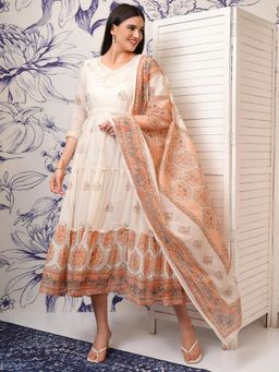 VISHUDH - Women Orange Floral Midi Dress with Dupatta and Belt (Set of 3)