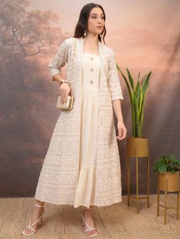 VISHUDH - Women Beige Embroidered Maxi Dress with Jacket (Set of 2)
