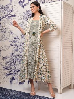 VISHUDH - Women Green Printed Midi Dress with Shrug (Set of 2)