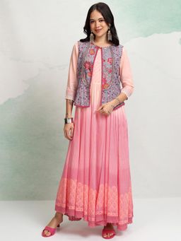 VISHUDH - Women Peach Ombre Maxi Dress with Jacket (Set of 2)