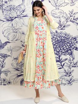 VISHUDH - Women Yellow Floral Midi Dress with Shrug (Set of 2)