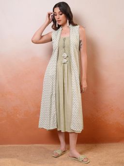 VISHUDH - Women Green Self Design Midi Dress with Shrug (Set of 2)