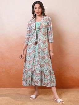 VISHUDH - Women Blue Self Design Midi Dress with Shrug (Set of 2)