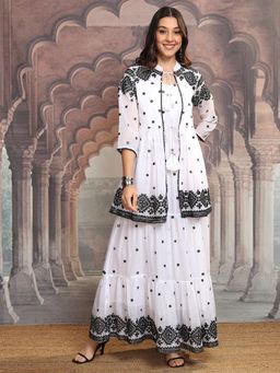 VISHUDH - Women White Embroidered Maxi Dress with Jacket (Set of 2)