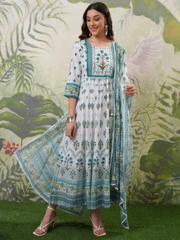 VISHUDH - Women Blue Floral Midi Dress with Dupatta (Set of 2)