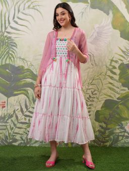 VISHUDH - Women Pink Embroidered Midi Dress with Jacket (Set of 2)