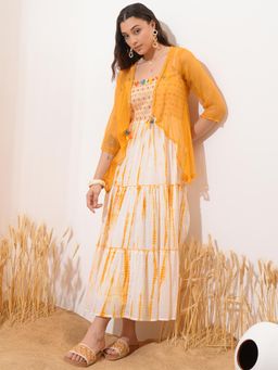 VISHUDH - Women Yellow Embroidered Maxi Dress with Jacket (Set of 2)