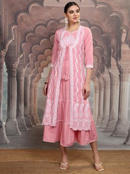 VISHUDH - Women Pink Embroidered Midi Dress with Shrug (Set of 2)