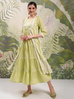 VISHUDH - Women Green Embroidered Midi Dress with Shrug (Set of 2)