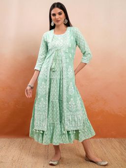 VISHUDH - Women Aqua Embroidered Midi Dress with Shrug (Set of 2)
