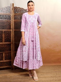 VISHUDH - Women Lavender Embroidered Midi Dress with Shrug (Set of 2)