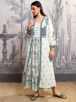 VISHUDH - Women Teal Floral Maxi Dress with Shrug (Set of 2)