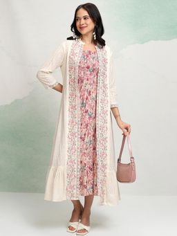 VISHUDH - Women Pink Printed Midi Dress with Shrug (Set of 2)