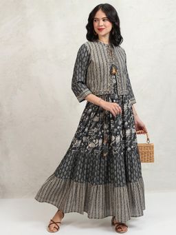 VISHUDH - Women Black Floral Maxi Dress with Jacket (Set of 2)