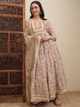 VISHUDH - Women Beige Embroidered Maxi Dress with Dupatta (Set of 2)