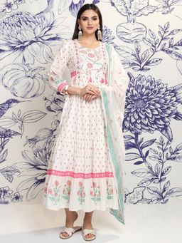 VISHUDH - Women Off White Embroidered Midi Dress with Dupatta (Set of 2)