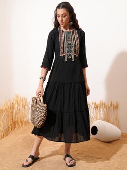 VISHUDH - Women Black Embroidered Midi Dress