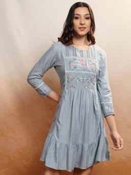 VISHUDH - Women Grey Floral Mini Dress