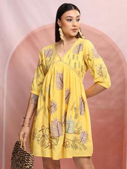VISHUDH - Women Yellow Embroidered Mini Dress