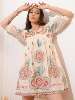 VISHUDH - Women Beige Embroidered Knee Length Dress