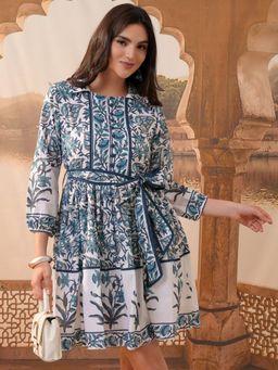 VISHUDH - Women Blue Floral Mini Dress with Belt (Set of 2)