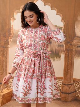 VISHUDH - Women Peach Floral Mini Dress with Belt (Set of 2)