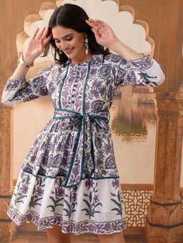 VISHUDH - Women Purple Floral Mini Dress with Belt (Set of 2)