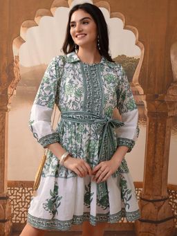 VISHUDH - Women Green Floral Mini Dress with Belt (Set of 2)