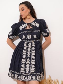 VISHUDH - Women Blue Embroidered Mini Dress