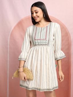 VISHUDH - Women Beige Embroidered Mini Dress