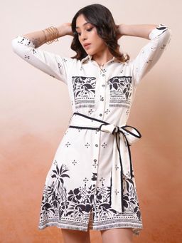 VISHUDH - Women White Floral Mini Dress with Belt (Set of 2)