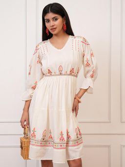 VISHUDH - Women White Embroidered Knee Length Dress
