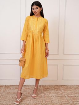VISHUDH - Women Yellow Embroidered Midi Dress