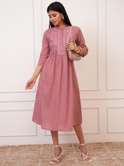 VISHUDH - Women Mauve Embroidered Midi Dress