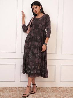 VISHUDH - Women Maroon Printed Midi Dress